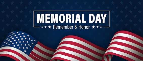 Obraz premium Memorial Day with American flag flowing across dark blue starry background remember honor text framed by stars symbolizing national holiday freedom remembrance sacrifice for country and its heroes.