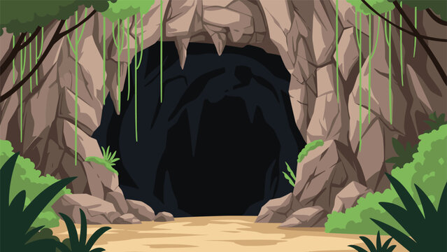 Mysterious and dark entrance to a stone cave surrounded by lush green jungle plants and hanging vines.
