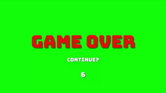 Digital 'GAME OVER' screen with countdown on green, prompting continuation for gaming and media projects and interactive content