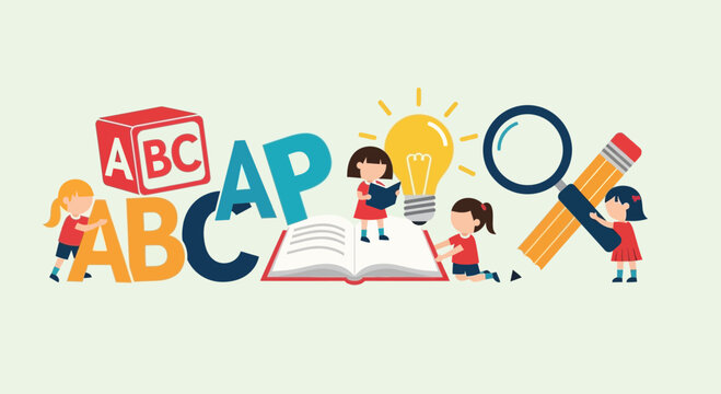 Children Learning ABCs and Reading Books with Magnifying Glass and Lightbulb