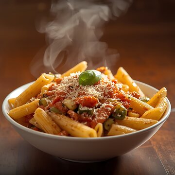 French Onion Pasta features plenty of caramelized sweet onions, fresh thyme, al dente penne and cheese closeup on the bowl on the wooden board. Horizontal