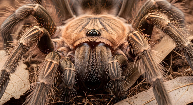 Detailed front view close up of a tarantula on the ground showing its eyes and powerful front legs in sharp focus