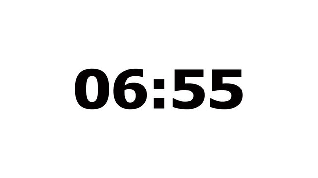 7 minutes countdown. 7 minute digital countdown timer on white background. Bold black digits count down from seven minutes,