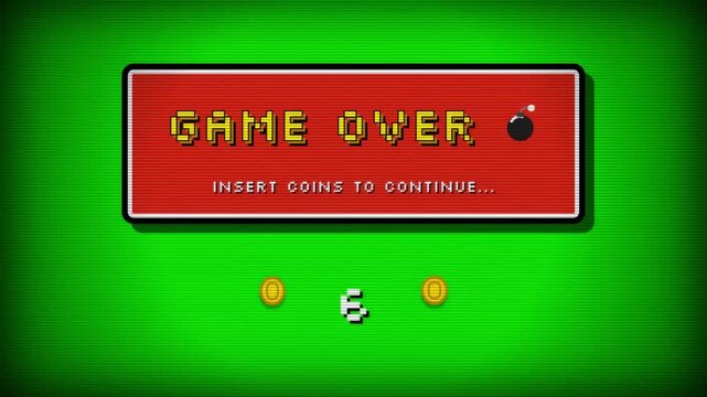 Retro arcade game screen displaying the words GAME OVER with two coins and a bomb icon on a green background