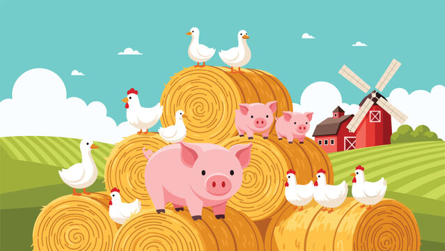 Playful scene on a farm with pink pigs, white chickens, and ducks standing on a stack of golden hay rolls.