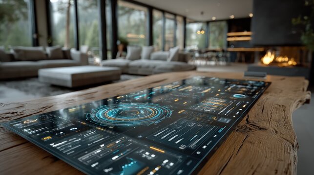 Futuristic holographic interface display on a wooden table in a modern living room with fireplace