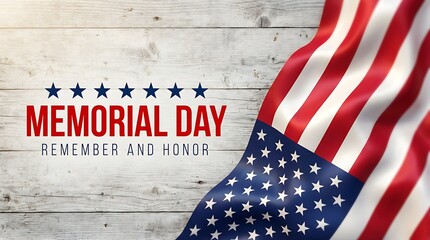 Obraz premium Memorial Day remember and honor American flag on wood background with stars and text inscription holiday remembrance tribute.