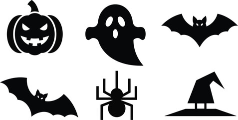 Obraz premium Halloween icons set with pumpkin, ghost, bats, spider and witch on white background