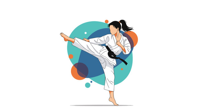 Female martial artist in a white gi and black belt performs a high side kick against a colorful abstract geometric background.