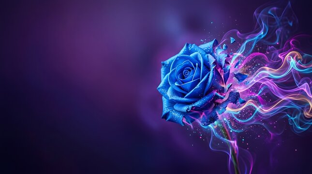 Blue rose transforming into colorful flowing energy smoke