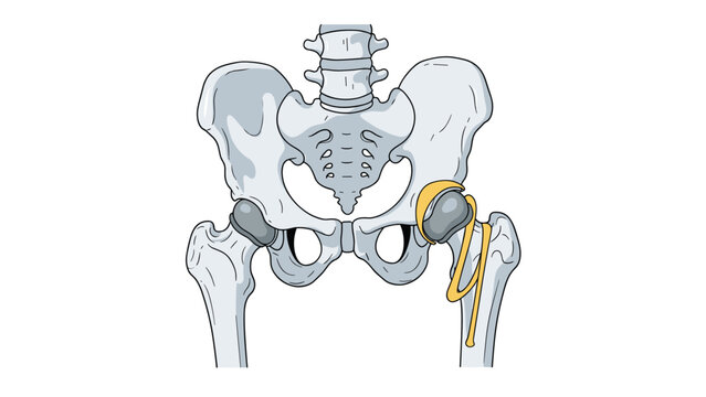 Medical illustration of the human pelvis showing a hip replacement prosthesis installed in the joint for orthopedic surgery education.