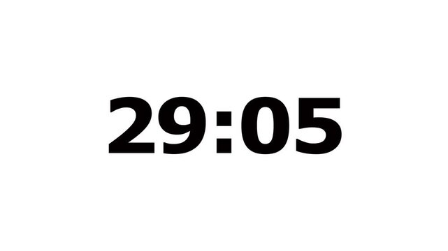 Digital clock counts seconds from 29 to 30 minutes. Digital clock timer counting seconds from 29:00 to 30:00. Displayed on white background. Countdown motion.