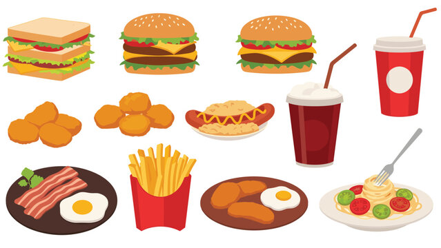Mouth watering collection of fast food illustrations including burgers, sandwich, hot dog, nuggets, fries, and soft drinks.