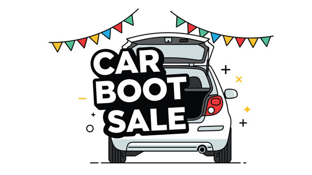 Promotional graphic for a car boot sale featuring a car with an open trunk and festive colorful bunting flags overhead.
