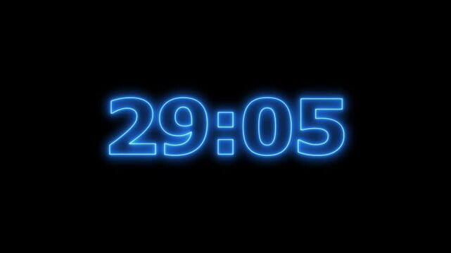 Electronic blue neon clock counting thirty minute. Digital glowing numbers timer advancing sixty seconds on black background. Motion graphics footage showing time passing.