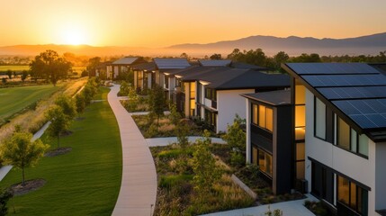 Fototapeta premium Sustainable community featuring solar-equipped eco homes, walkable green neighborhoods, and lush parks designed for low carbon living and environmental harmony in modern urban planning.
