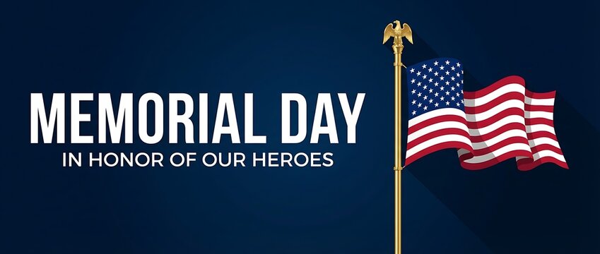 Memorial day in honor of our heroes American flag on flagpole with eagle topper navy blue background patriotic remembrance of fallen soldiers and veterans tribute.