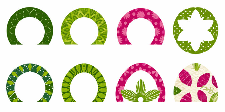 Colorful patterned horseshoe shapes arranged in two rows