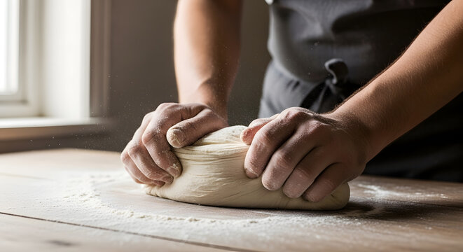 Skilled hands of a professional baker working with soft dough in a bright kitchen