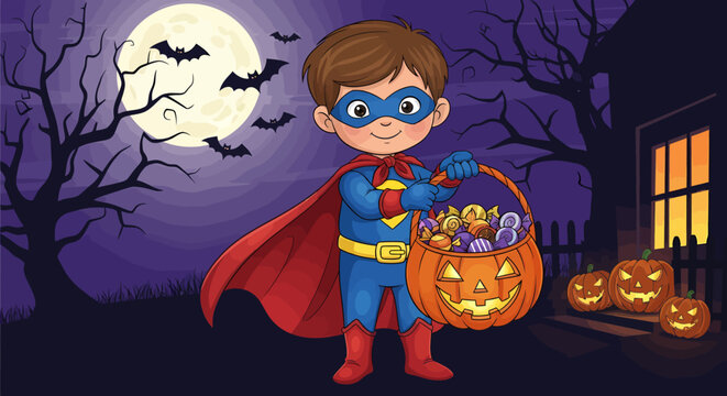 Little boy dressed as superhero for Halloween.