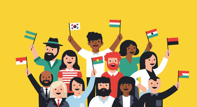 Diverse people holding flags, unity, international cooperation, diversity concept