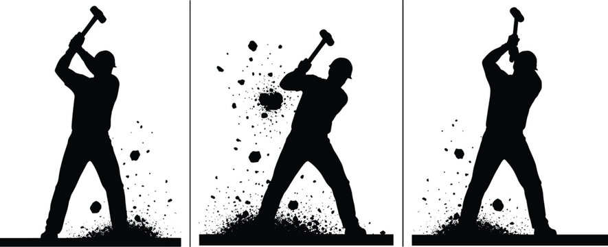 Vector Silhouette Illustration Featuring Construction Workers Using Sledgehammers For Demolition Breaking Ground Crushing Rocks And Manual Labor In Industrial Building Projects