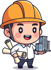 Fototapeta premium Charming cartoon architect character, wearing a hard hat, holds blueprints and a building model, symbolizing professional skill in architectural design and construction