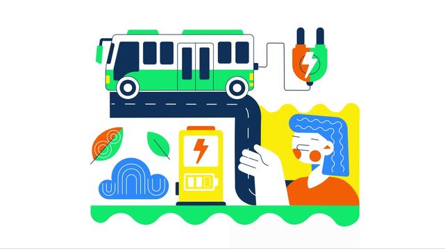 Animation of Electric Bus Transportation Illustration Featuring an Electric City Bus Charging at a Power Station