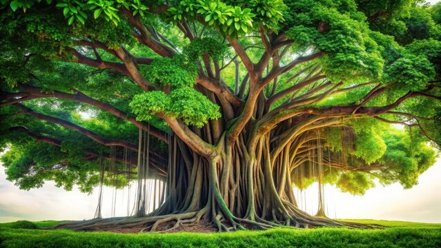 A photo of a lush banyan tree isolated on a white background, its broad leaves cascading downwards in vibrant green hues, surrounded by intricate root