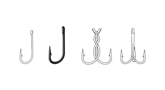 Fishing hooks vector illustration set including various types of fish hooks in different designs and styles for fishing equipment and tackle