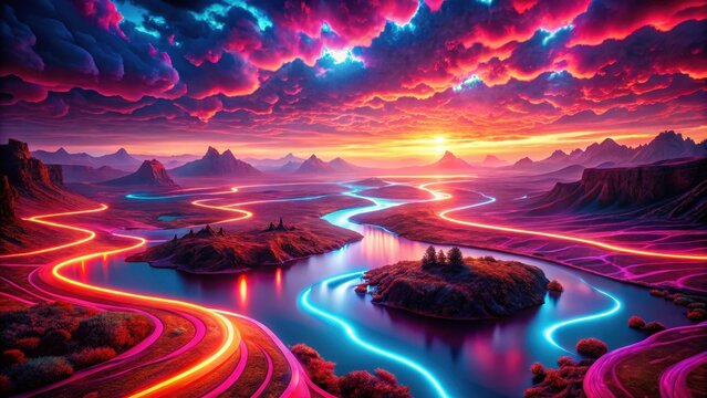 A photo of a digital landscape featuring an abstract red river winding through a vast wilderness of neon lights and holographic structures, casting ee