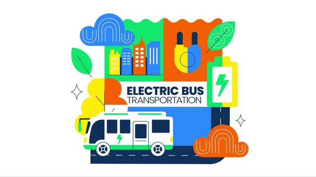 Animation of Electric Bus Transportation Illustration Featuring an Electric City Bus Charging at a Power Station