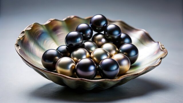 A realistic photo of near up of black pearls of tahiti in a shell rangiroa french polynesia