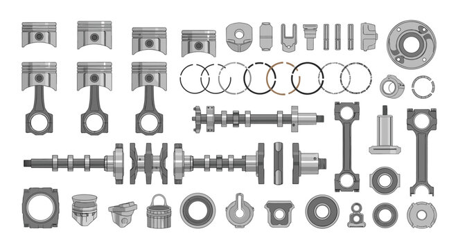 A detailed assortment of internal combustion engine components including pistons, connecting rods, and crankshafts is displayed in a flat-lay arrangement on a white background.