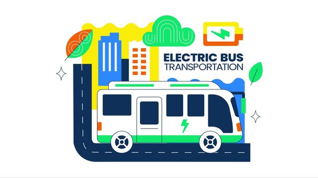 Animation of Electric Bus Transportation Illustration Featuring an Electric City Bus Charging at a Power Station