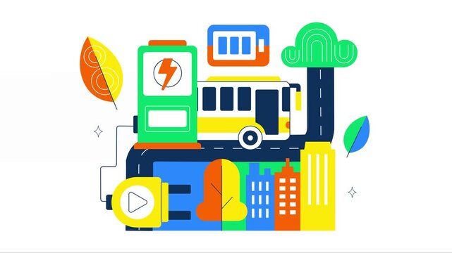 Animation of Electric Bus Transportation Illustration Featuring an Electric City Bus Charging at a Power Station