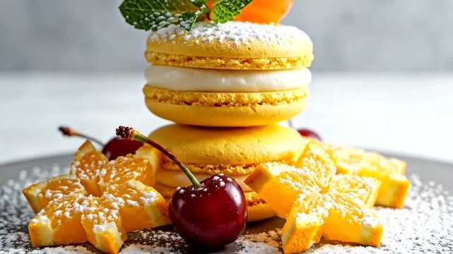 Delicious Yellow Macaron Tower with Cherries and Mint.