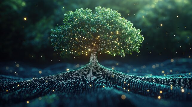 A tree composed of binary code and pixel fragments growing from a ground of luminous data streams&mdash;a minimalist yet richly detailed futuristic digital ecosystem that blends nature and technology.