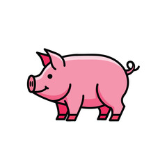 Fototapeta premium Cute cartoon pink pig illustration standing on white background.