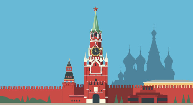 Moscow Kremlin Spasskaya Tower and Red Square Silhouette, Flat Design