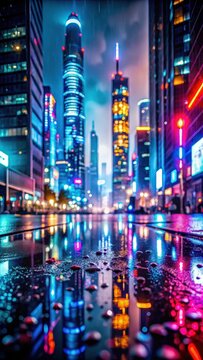 A photo of a futuristic cityscape with towering skyscrapers, glowing digital screens reflecting vibrant lights on wet streets at night Neon signs fli