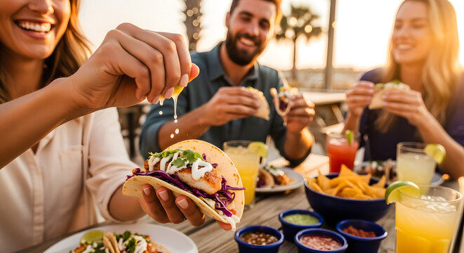 Close up of a woman squeezing lime onto a delicious fish taco while dining with friends at a beach restaurant