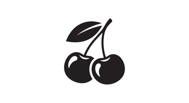 Vector illustration of two cherries with a leaf on a stem, black graphic design