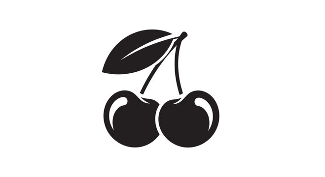 Vector illustration of two black cherries with a leaf on a white background, simple graphic design element, fruit icon, vector graphic