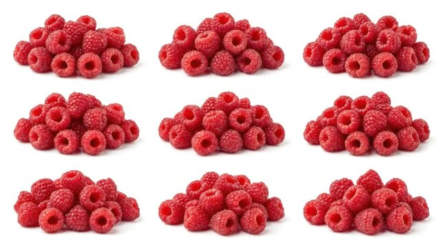 Fresh red raspberry fruit piles set