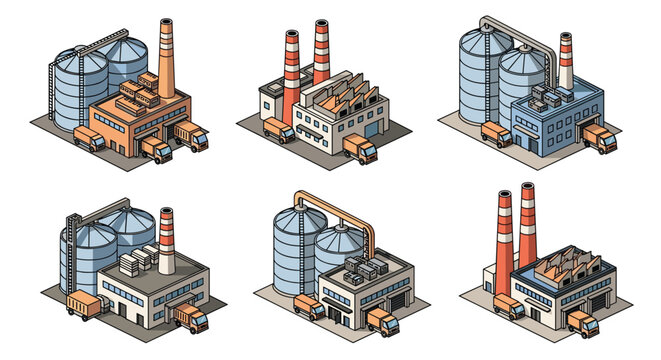 A comprehensive set of six distinct isometric factory buildings features tall smokestacks and large storage silos with orange delivery trucks parked at loading docks.