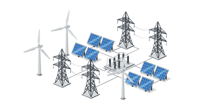 A meticulous isometric illustration showcases a comprehensive renewable energy power grid including spinning wind turbines and blue solar panels under bright light.