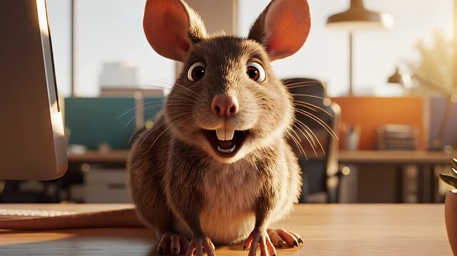 Cartoon style brown mouse on office desk with computer and succulent; charming rodent character in business setting with bright modern interior
