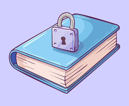 Blue hardcover book with vintage metal lock and silver key on light purple square surface for secret diary or private journal concept