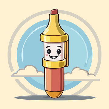 Happy yellow marker character with a cute face for making learning fun and encouraging children to highlight and color their school books